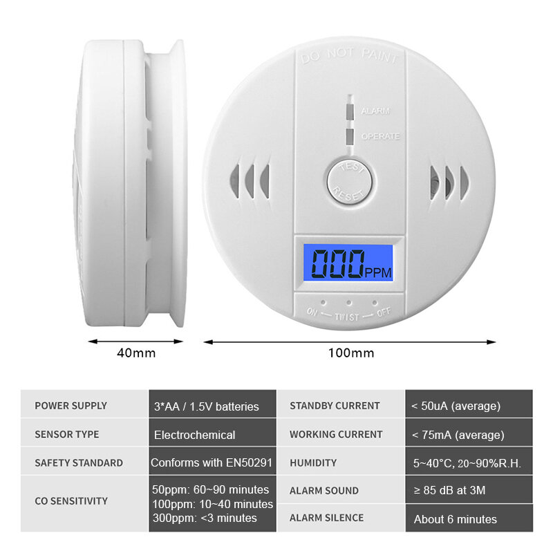 Alarm detektor karbon monoksida, Sensor fotolistrik baru 85dB peringatan suara LCD tampilan Digital rumah dalam ruangan CO sirene keracunan