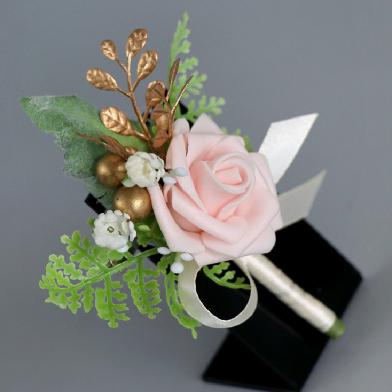 Simulado PE flor rosa para bridesman e noivo, flor do peito, flor do pulso do casamento, noiva coreana e dama de honra, flor do colar do casamento