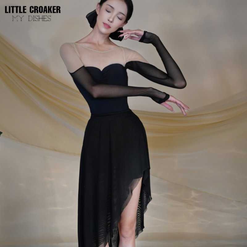 블랙 프렌치 바디수트 레오타드 + 짧은 프론트 롱 백 댄스 스커트, 특별한 날 무대 코스튬 여성용 드레스