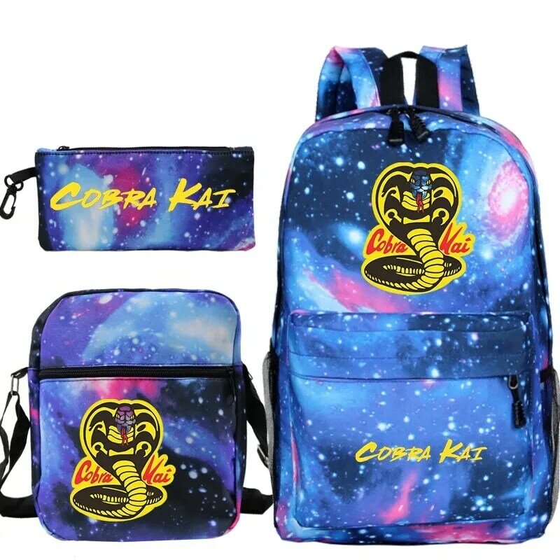 Set ransel gambar Cobra Kai, 3 buah tas punggung pelajar sekolah dasar, tas punggung ringan, tas bahu tas buku untuk anak laki-laki dan perempuan