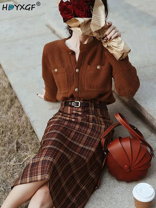 Spring Autumn French Suit Brown Single-Breasted Cardigan Knitted Sweater High Waist Plaid Split Hip Skirt Women's Two-Pieces Set