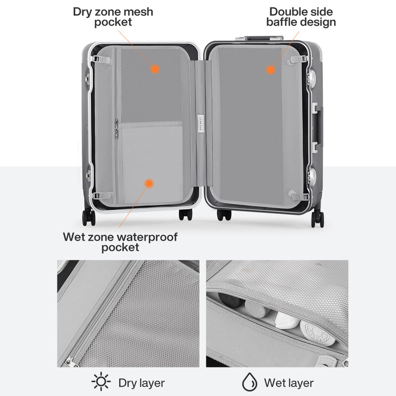 Mixi 2023 حقيبة سفر جديدة لحمل الأمتعة ذات 20 بوصة إطار من الألومنيوم للحاسوب الشخصي مع عجلات دوارة قفل TSA 24 بوصة