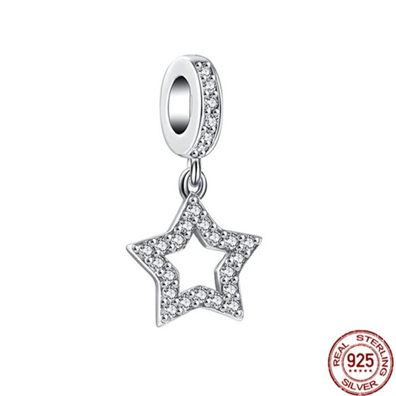 Fit Original Pandora Bracelet 925 Sterling Silver Pavé Asymmetric Star & Crescent Moon Charm Galaxy Safety Chain Beads Jewelry