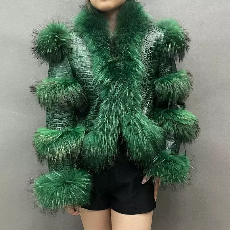 Chaqueta de piel de oveja auténtica para mujer, abrigo de piel de cordero con patrón de cocodrilo Natural
