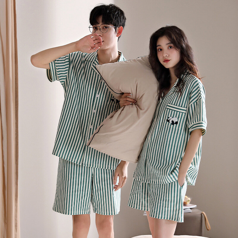 Conjunto de pijama de algodão coreano cardigan masculino, pijama de casal, pijama familiar, terno noturno amante, casual Home Clothing