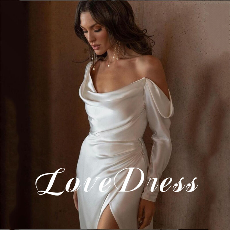 Vestido de novia de sirena elegante, manga larga, un hombro, cuello Barco, Mancha suave, abertura lateral alta, largo hasta el suelo