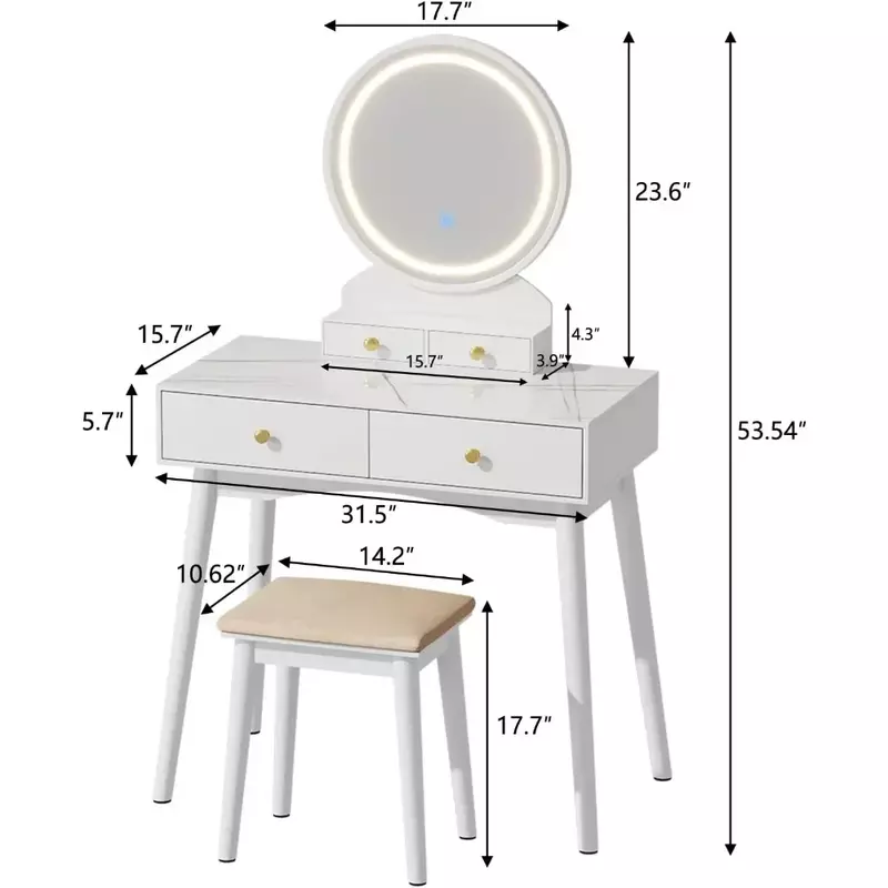 Mesa de cajón con espejo iluminado, taburete acolchado suave, 4 cajones de almacenamiento, escritorio de tocador