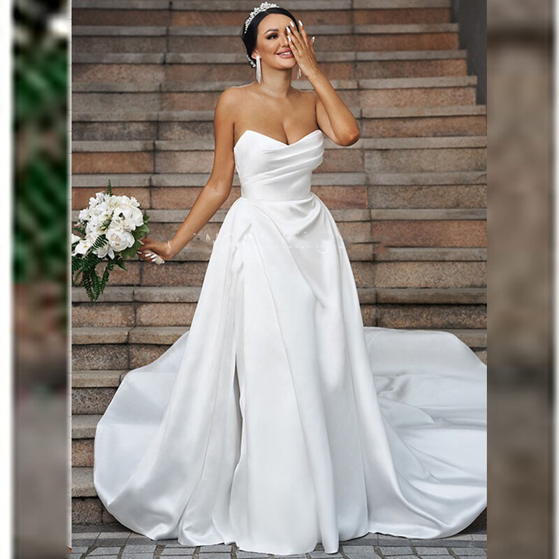 女性のためのサテンのプリンセスドレス,結婚式のためのエレガントな衣装,取り外し可能なトレイン付き,白い服