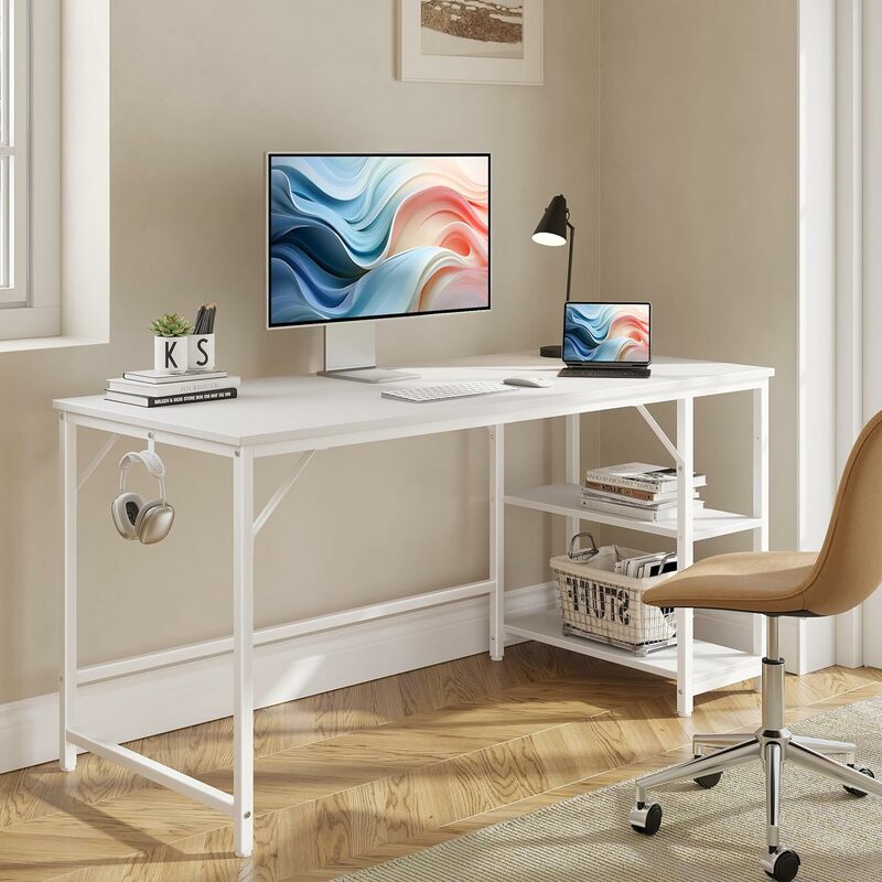 ISCOPE-Bureau d'ordinateur avec étagère de rangement en bois, bureau blanc et table de jeu avec planche d'épissure, poitstr à 2 niveaux
