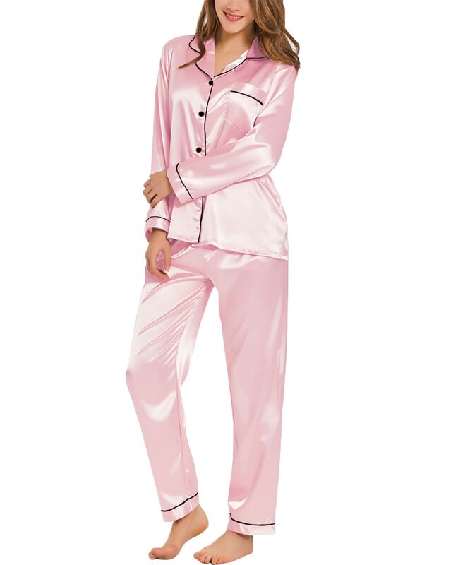 Женская шелковая атласная пижама, домашняя одежда, одежда для сна из двух предметов, длинная Пижама на пуговицах с длинным рукавом, комплект Pj