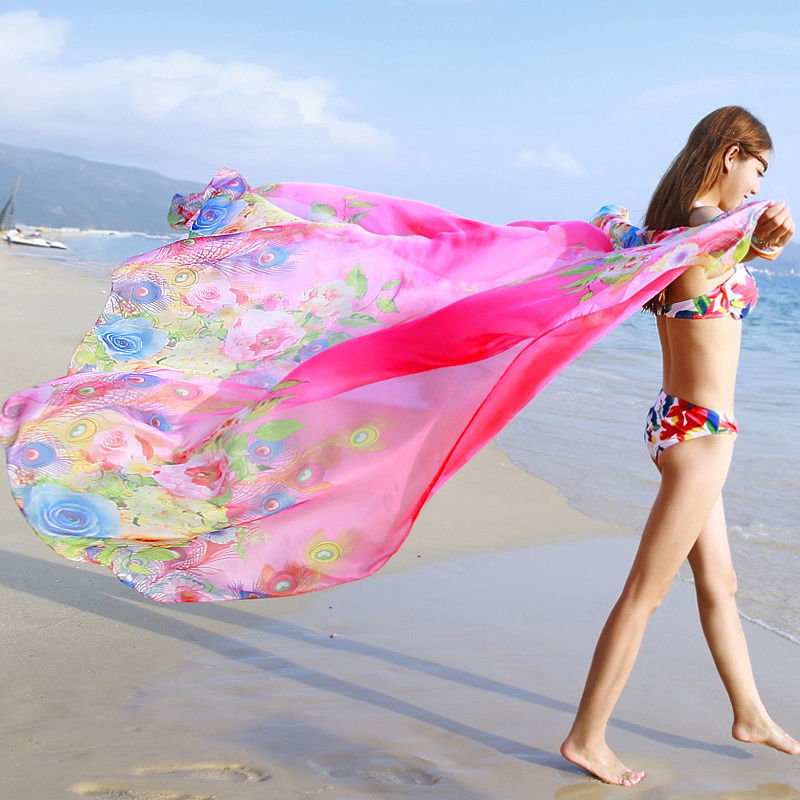 Bufanda de seda con estampado bohemio para mujer, chal grande de chifón de gran tamaño para cubrir la playa, protector solar