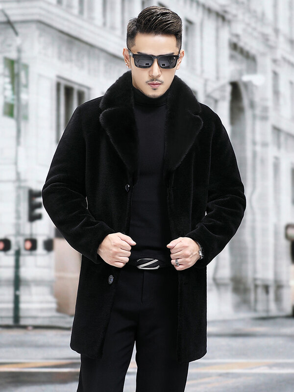 2023 Men Winter New Real Mink Fur Collar Coats Male Long Single Breasted Overcoats Men Genuine Wool Fur Warm Jackets P506