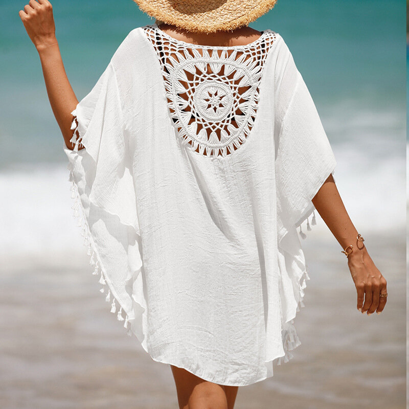 Penutup Pantai Baru untuk Wanita Rajutan Pakaian Pantai Bunga Matahari Tunik Berpinggiran Padat Pakaian Mandi Putih Wanita Penutup Bikini