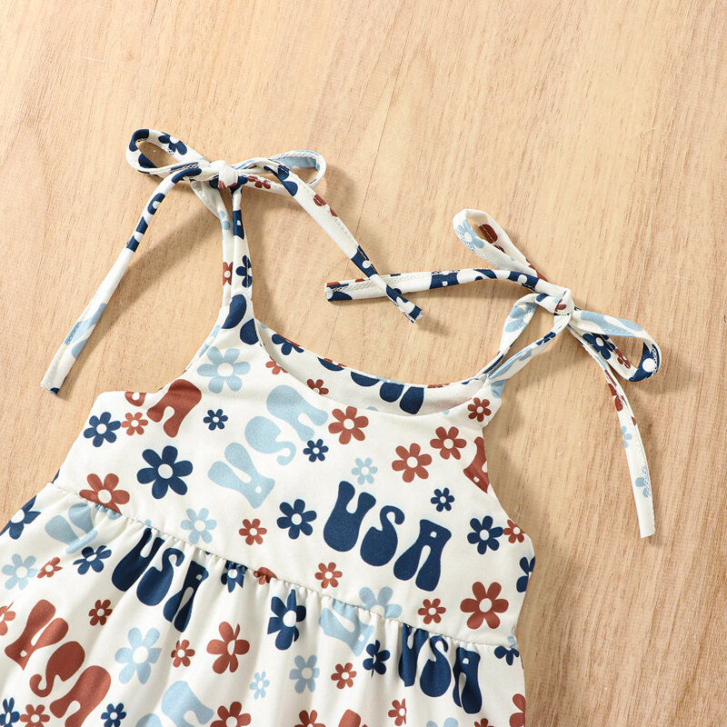 2023-04-01 Lioraitiin 0-18M Independence Day Infant Girls Romper Flower Letter Print Tie-Up Spaghetti Strap Jumpsuits Bodysuits