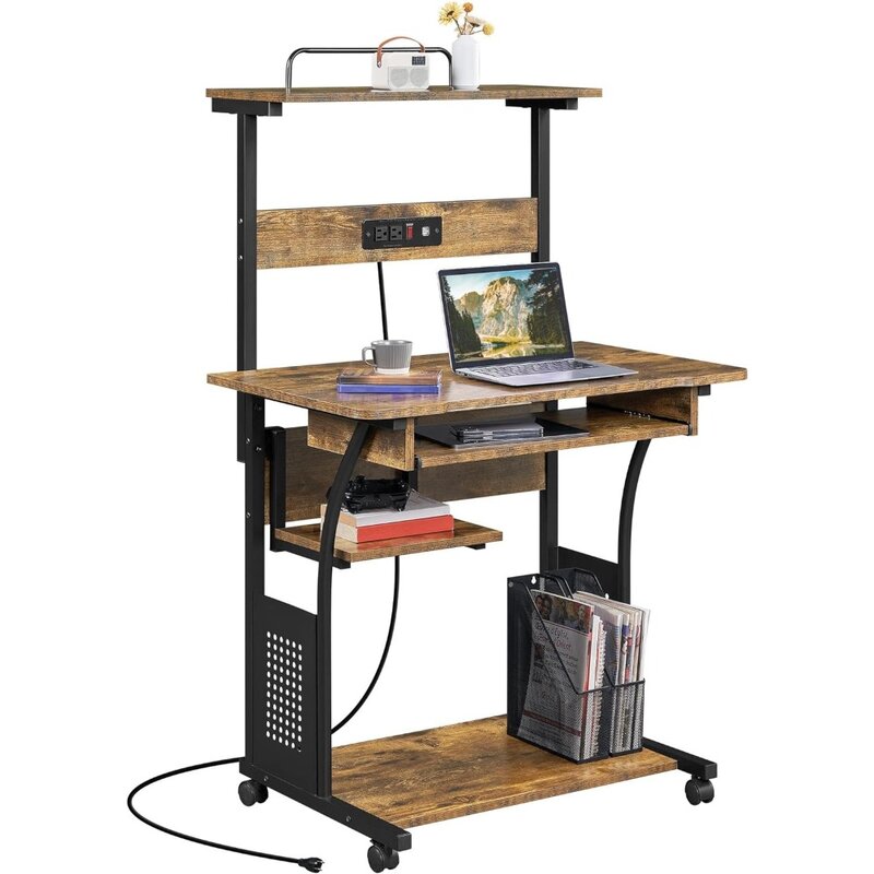 3 poziomy toczące się biurko komputerowe na kółkach z stacja ładowania i z podstawką na klawiaturę, biurko do pracy w domu mobilna stacja robocza do laptopa