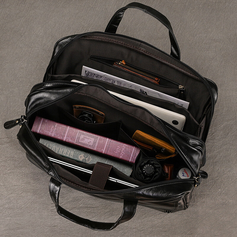 กระเป๋าสะพายหนังแท้สำหรับผู้ชายสีดำ17 "กระเป๋าใส่แล็ปท็อปเดินทางกระเป๋าหิ้วกระเป๋าใส่เอกสารธุรกิจสำหรับผู้ชายกระเป๋ากระเป๋าเอกสารหนัง