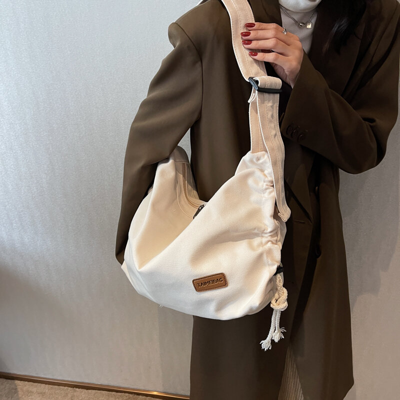 Duża pojemność płócienne torby na ramię kobiece proste torebka na długim pasku w jednolitym kolorze torebki markowe Sac główna damska torba na ramię Hobo