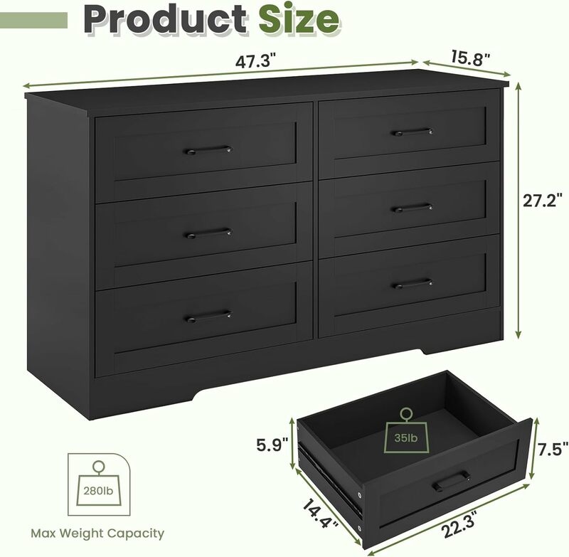 Tocador doble de madera, mueble de almacenamiento moderno de gran capacidad con cajones profundos, color negro, 6 cajones