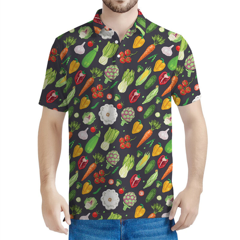メンズフルーツエコパターンのポロシャツ,3Dプリント,半袖,カジュアルストリートボタン,特大ラペル,夏