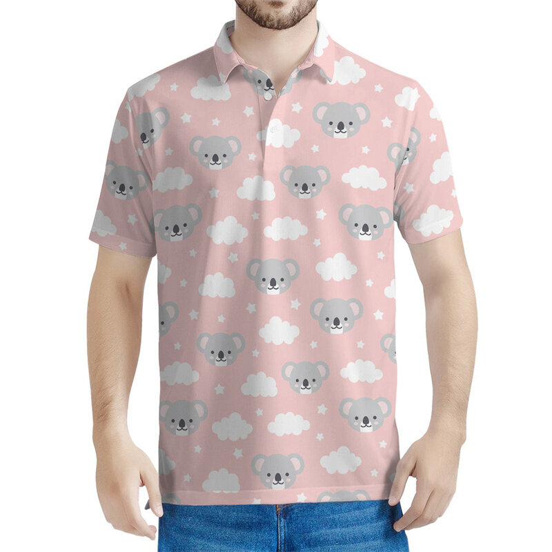 男性用の3Dクラウドプリントと半袖ポロシャツ,クールなグラフィックボタン,カジュアルな夏のTシャツ