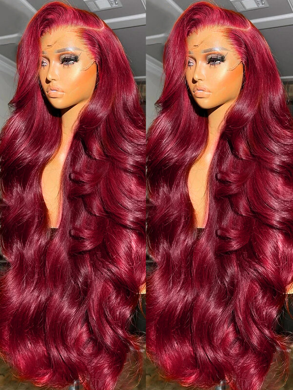 Peluca de cabello humano ondulado, Frontal de encaje postizo, color rojo borgoña 99J, 4x4, 34, 40 pulgadas, 13x6, HD, Venta barata