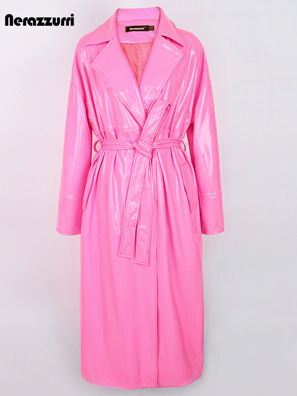 Nerazzurri-casaco de couro longo para mulheres, faixas grandes, verde brilhante e rosa, roupas de grife de luxo, primavera e outono