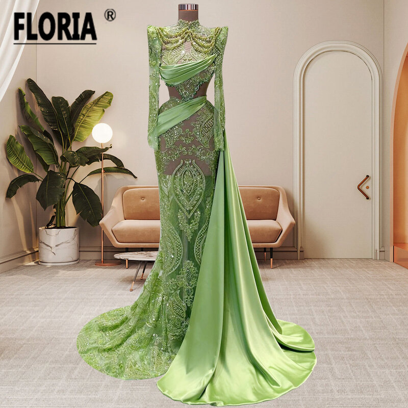 Newest Vintage High Neck Green Mermaid Evening Dress Beaded Pearls Dubai Long Formal Occasion Gowns Prom Party Dresses Vestidos