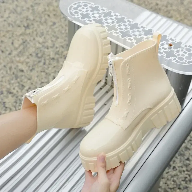 여성용 워터 슈즈, 발목 레인 부츠, 부드러운 고무 PVC 방수, 지퍼 플랫, 짧은 부츠, 패션 신발, 2024