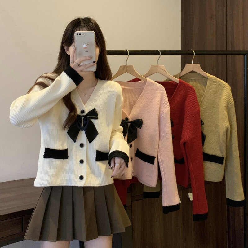Korean Preppy Style V Neck Bow Tie Cardigan Knitted Sweater Fashion Single-breasted Long Sleeves Sweater Women Sweet Simple Tops