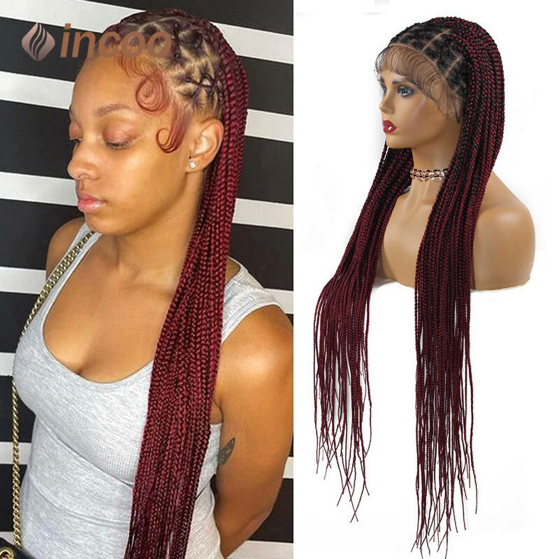 Perruques Full Lace Braided avec Baby Hair, Perruque Lace Front Wig, Crd'appareils Cross Knotess, Black Mix, Bourgogne, Perruque Synthétique Longue, Tresses, 36"