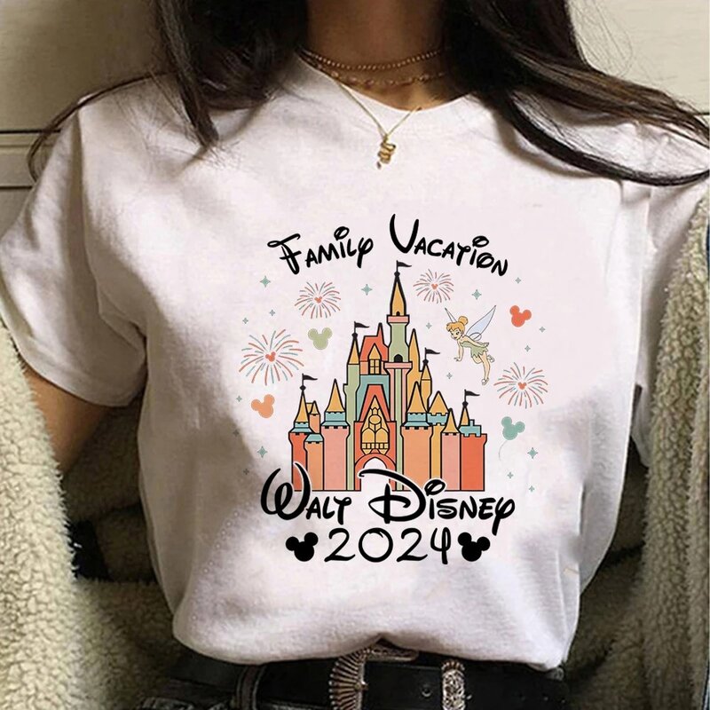 Disney zamek z nadrukiem 2024 ubrania dla kobiet estetyczne modne modne koszulki w stylu Vacay magiczne królestwo podróży letnie bluzki damskie
