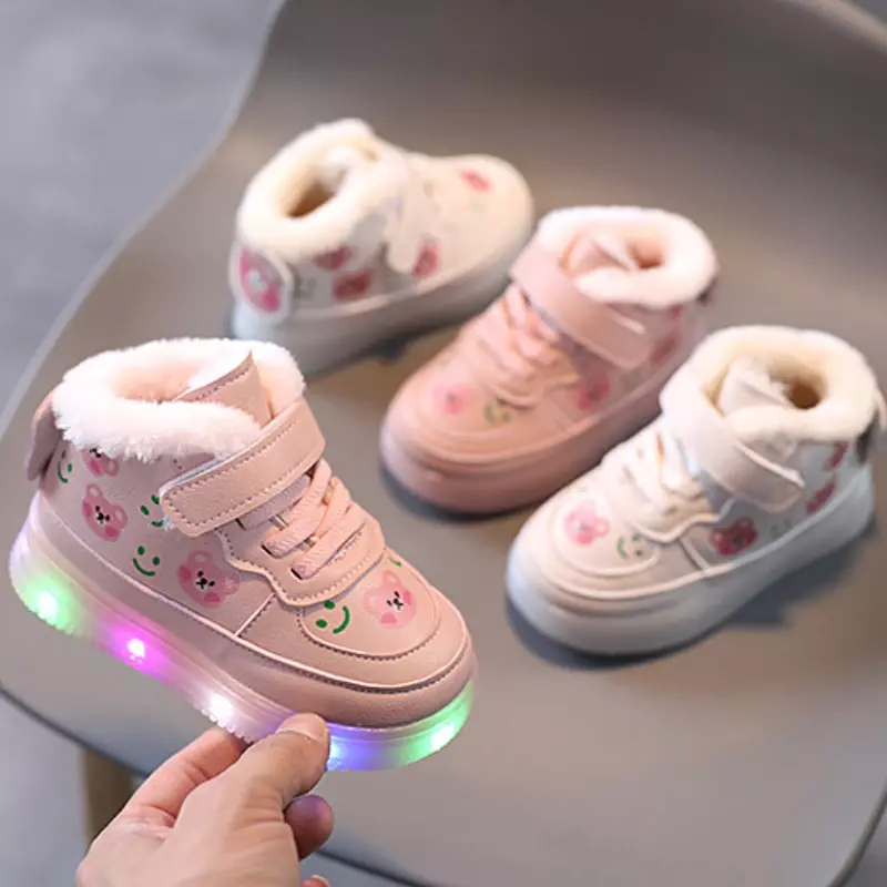 Zapatos de algodón para niños y niñas, zapatillas deportivas altas con iluminación Led, de felpa, antideslizantes, luminosas, informales, de invierno