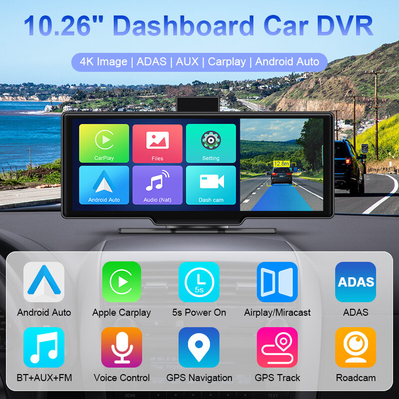 10.26 "Dash Cam Adas Spiegel Link Carplay & Android Auto Dvr 5G Wifi Gps Navigatie Achteruitkijkcamera Dashboard Videorecorder