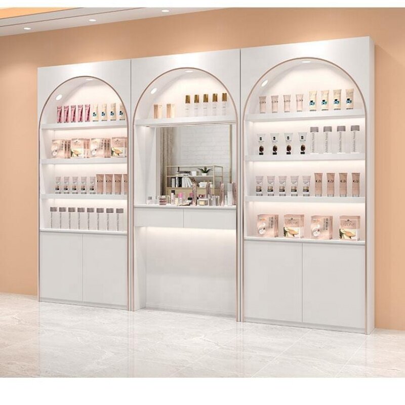 Armario de pared personalizado con espejo para salón de belleza, armario de perfume, exhibición de maquillaje, muebles para tienda