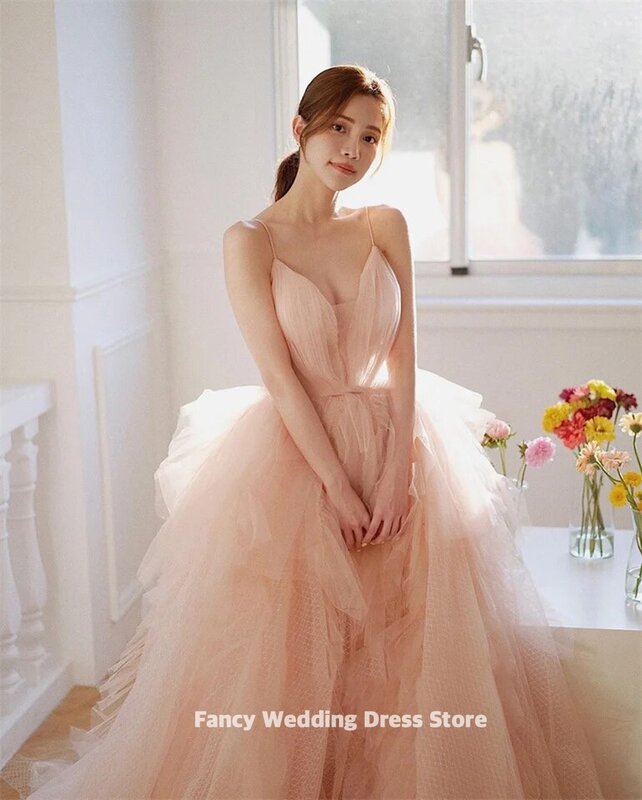 Fancy Fairy Dusty Tulle a-line abito da sposa corea donne servizio fotografico senza spalline abiti da sera con volant a strati