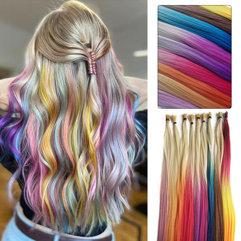 Rainbow Color Hair Extensions I-Tip Long Straight Hairpieces Synthetic Highlight Feather Micro Ring Hair Accessories Ombre Color