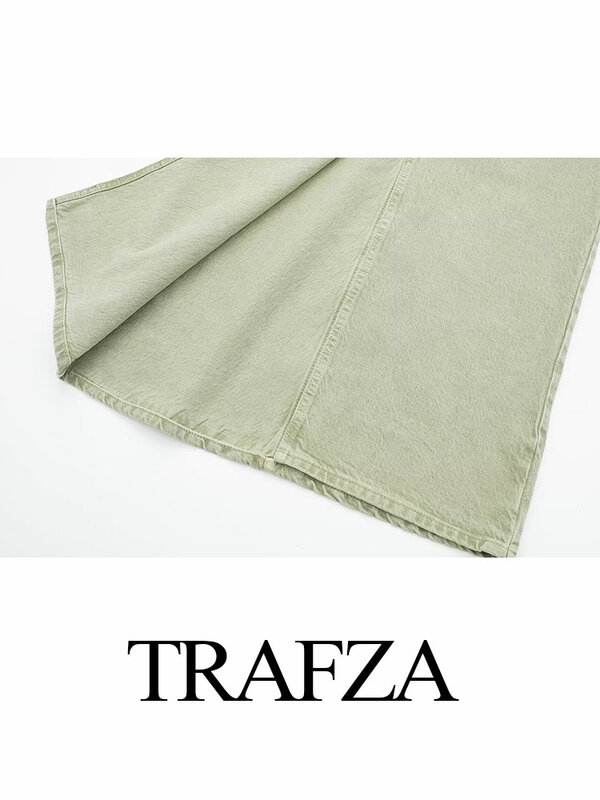 Trafza 2024 Frühling Damen vielseitige Jeans grünen Rock vorne Schlitz hohe Taille Taschen schlanke weibliche lässige A-Linie schicke Midi-Röcke