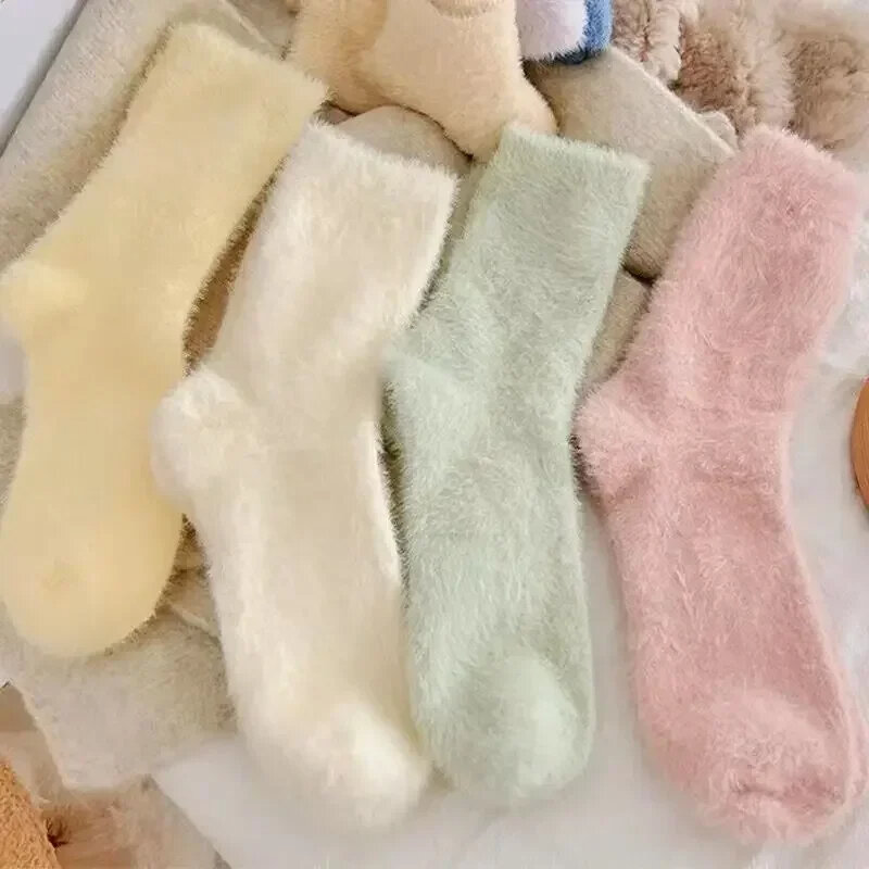 Winter Candy Warm Soft Fluffy Socks Women Velvet Solid Thick Thermal Mink Fur Sock Plush Ladies Home Floor Slipper Sleepping Sox