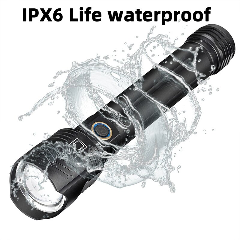 ไฟฉาย LED ชาร์จซ้ำได้ผ่าน USB XHP160 2X ไฟฉายซูมได้กันน้ำได้ไฟฉายแสง26650/18650 IPX6