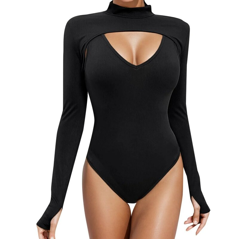 Bodysuit monocromático com decote em v feminino, bodysuit oco sexy, manga comprida, camiseta skinny bodycon, roupas noturnas, preto, Y2K, 2023