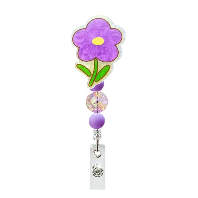 2023 New Acrylic Flower Bead String Retractable Nurse Chest Badge Reel Clip Holder Students Doctor Work ID Card Holder Keychain