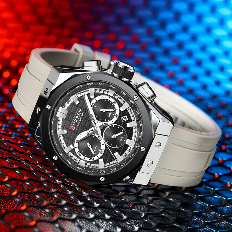 CURREN jam tangan bisnis pria, arloji olahraga tahan air Stopwatch Quartz untuk lelaki tali silikon
