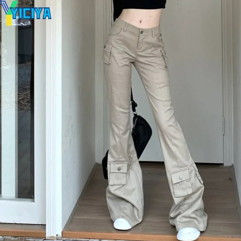 YICIYA-سراويل مضيئة على طراز Y2K للنساء ، بنطلون بقصة الحذاء ، جيب كبير ، بنطلون فضفاض بطول كامل ، شارع مرتفع ، ملابس جديدة ، غير رسمية