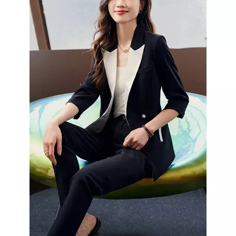 Женский офисный Блейзер и брюки, белый и черный деловой костюм из двух предметов