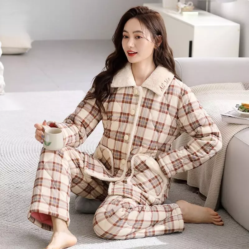 Woven Quilted Pajamas Winter New Women Three Layers Warm Plush Thicken Homewear Casual Female Stand Collar Sleepwear Set 2024