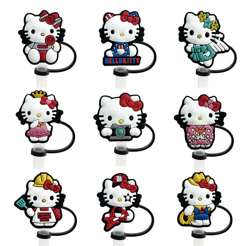 1-9 buah Hello Kitty topi penutup sedotan kartun 10MM sumbat sedotan minuman dapat digunakan kembali tahan percikan minum pas cangkir topi jerami liontin