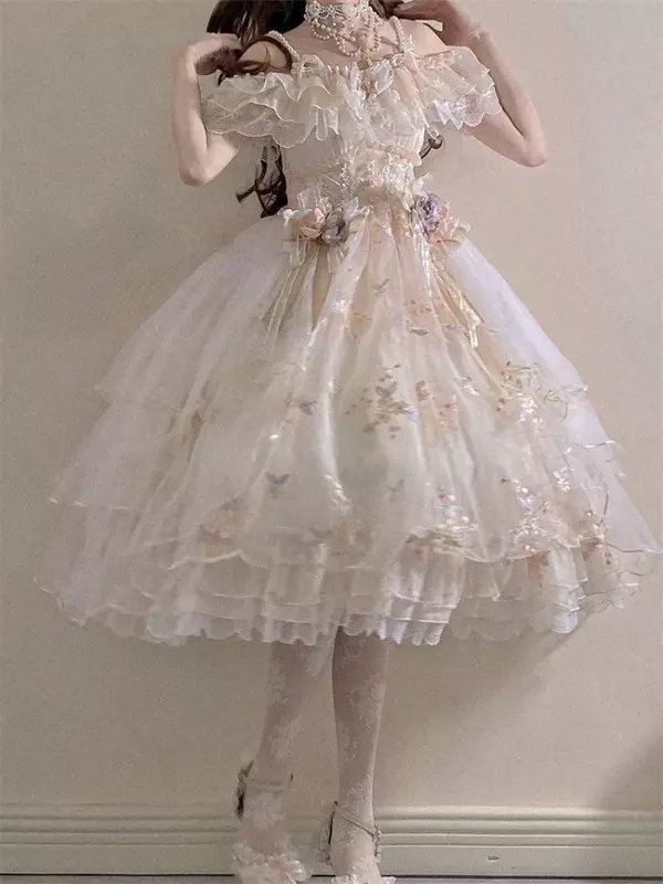 2023 Sommer Lolita Midi Kleid Frauen lässig Vintage Luxus Kleid Büro Dame Kawaii Kleidung Kurzarm Spitze sogar Party kleid