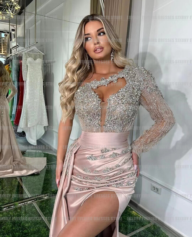 Luxury Sequined Appliques Evening Dresses Woman's Mermaid Sweetheart Sexy High Split Prom Gowns Formal Sweep Train فساتين طويلة