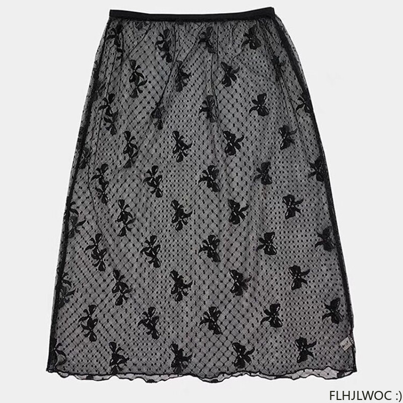 FLHJLWOC 2024 Sexy Cute Skirt All-Match Holiday Korean Gauze Mesh Three-dimensional Perspective Transparent Black Lace Skirts