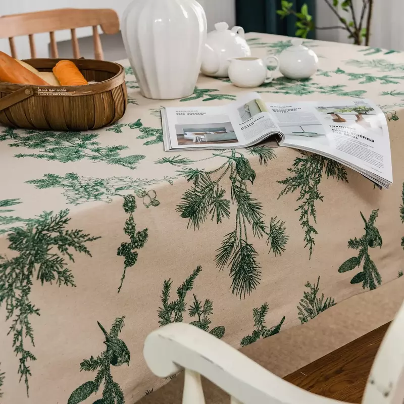 Mantel americano de lino y algodón con estampado de pino verde, cubierta de mesa Rectangular, antideslizante, para comedor y cocina